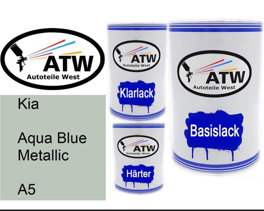 Kia, Aqua Blue Metallic, A5: 500ml Lackdose + 500ml Klarlack + 250ml Härter - Set, von ATW Autoteile West.